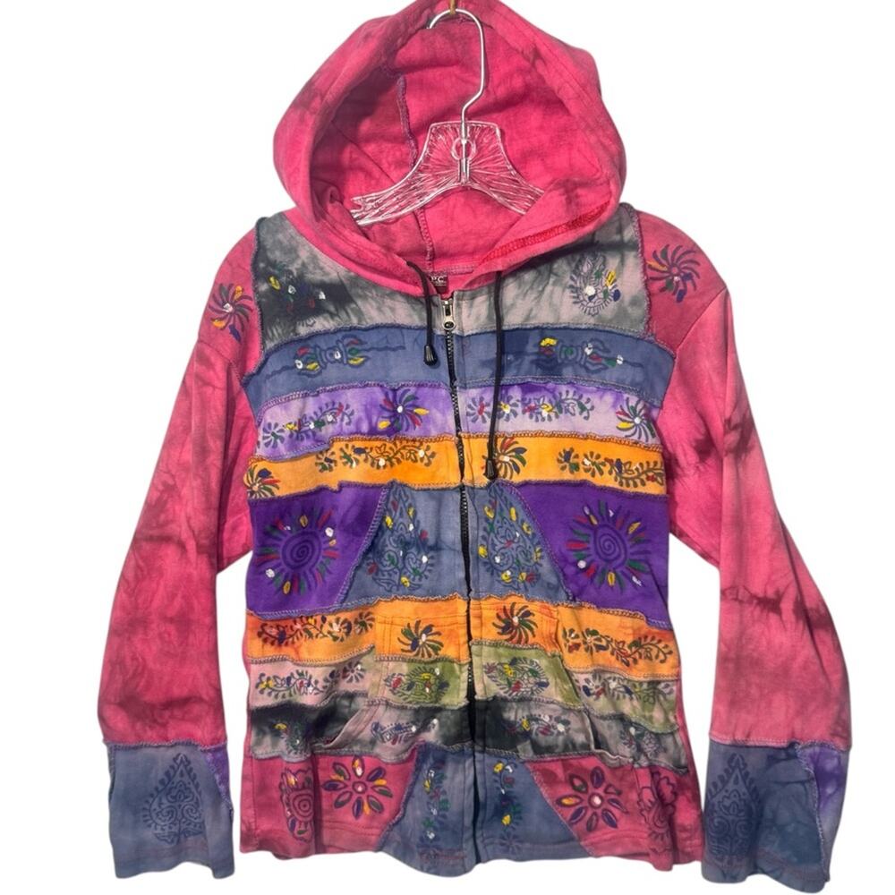 KPC Women's Medium Multicolor Embroidered Boho Style Hoodie Jacket